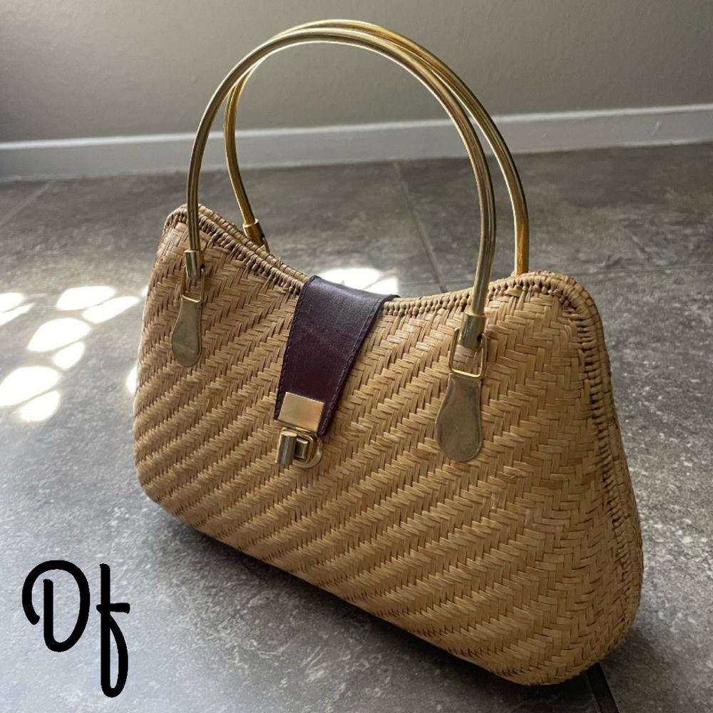 Vintage Tan Whicker Woven Handbag with Leather Enclosure and Brass Handles